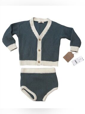 Two-Piece Knit Cardigan Set in Slate Blue with Cream Trim